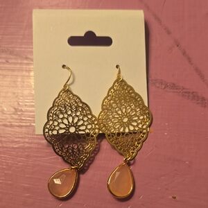 Elegant Gold Filigree Earrings with Pink Teardrop